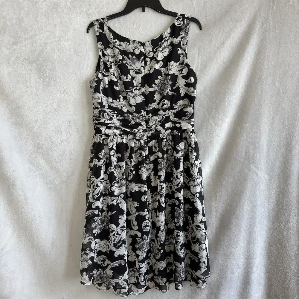 Studio I Women’s Black White Floral Scroll A-Line Dress Size 14 Vintage Inspired